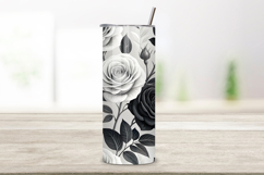 watercolor rose design, 20oz skinny tumbler, tapered tumbler wrap, straight tumbler design, monochrome rose art, seamless elegant design, seamless black white tumbler, monochrome floral tumbler wrap, elegant rose tumbler design, watercolor rose tumbler wr