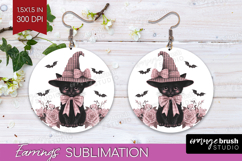 Black Cat Cute Round Earrings Pink Halloween PNG Sublimation Product Image 1