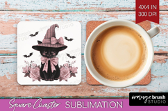 Black Cat Cute Square Coaster Pink Halloween Coaster PNG Product Image 1