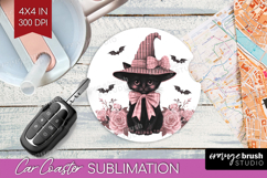 Black Cat Cute Car Coaster Pink Halloween Coaster PNG Product Image 1