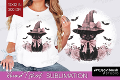 Black Cat Cute Round Tshirt Background Pink Halloween PNG Product Image 1