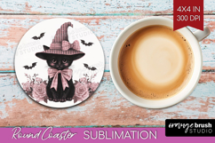 Black Cat Cute Round Coaster Pink Halloween Coaster PNG Product Image 1