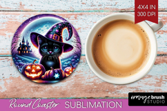 Black Cat Halloween Round Coaster Cute Animal Coaster PNG Product Image 1