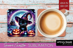 Black Cat Halloween Square Coaster Cute Animal Coaster PNG Product Image 1
