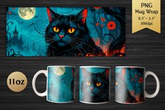 Black Cat 11oz Mug Wrap. Halloween Sublimation Design for gothic art fans, and crafters who want to add a touch of mystery and wild energy to their mug creations.