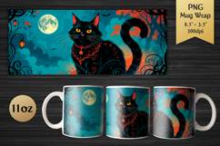 Black Cat 11oz Mug Wrap. Halloween Sublimation Design for gothic art fans, and crafters who want to add a touch of mystery and wild energy to their mug creations.