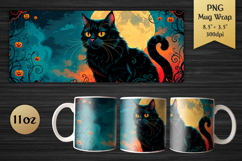 Black Cat 11oz Mug Wrap. Halloween Sublimation Design for gothic art fans, and crafters who want to add a touch of mystery and wild energy to their mug creations.