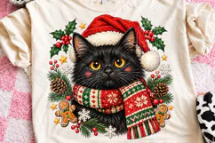 Black Cat Christmas PNG Cute Kitty in Santa Hat and Knitted Product Image 1