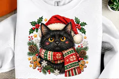 Black Cat Christmas PNG Cute Kitty in Santa Hat and Knitted Product Image 2