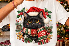 Black Cat Christmas PNG Cute Kitty in Santa Hat and Knitted Product Image 3