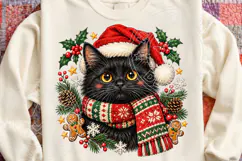 Black Cat Christmas PNG Cute Kitty in Santa Hat and Knitted Product Image 4