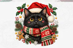 Black Cat Christmas PNG Cute Kitty in Santa Hat and Knitted Product Image 5