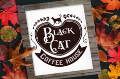 black cat coffee house farmhouse sign in wooden frame
