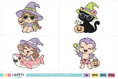 Cute black cat wearing a green witch hat and sunglasses beside a Halloween pumpkin with a tropical drink.