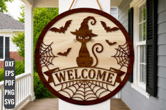 Black Cat Welcome Halloween Door Hanger SVG Product Image 1