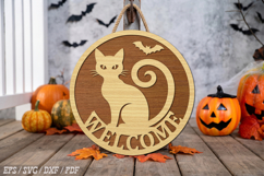 Black Cat Welcome Round Door Hanger SVG,Halloween Cat Laser Product Image 1