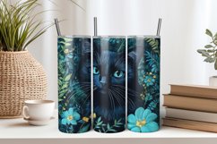 Black Cat with Blue Flowers 20oz Tumbler Sublimation PNG Product Image 1