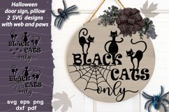 Cute Halloween designs with quote Black Cats Only and cat silhouette, paws and spider web perfect for door round signs, home decoration, ideal for pillow cases, square wood signs, trays. 