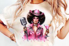 black cowgirl singer png, western microphone clipart sublimation, country music cowgirl png design, stylish cowgirl singer sublimation, rodeo singer png file, rustic cowgirl microphone clipart, trendy western cowgirl png, black cowgirl sublimation design,
