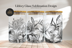 Black and White Floral Libbey Glass Can Sublimation Design Product Image 1