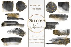 Gold Glitter &amp; Black Watercolor Brush Strokes PNG Overlays Product Image 1