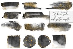 Gold Glitter &amp; Black Watercolor Brush Strokes PNG Overlays Product Image 3