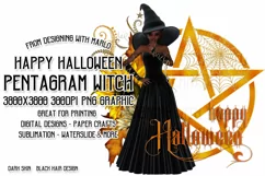 Happy Halloween Pentagram Dark Hair Dark Witch PNG Graphic Product Image 1