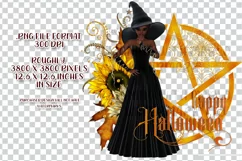 Happy Halloween Pentagram Dark Hair Dark Witch PNG Graphic Product Image 2