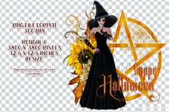 Happy Halloween Pentagram Dark Hair Light Witch PNG Graphic Product Image 2
