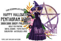 Purple Halloween Pentagram Dark Hair Light Witch PNG Graphic Product Image 1