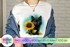 Black Kitten with Sunflower Sublimation | Baby Animals PNG Product Image 1