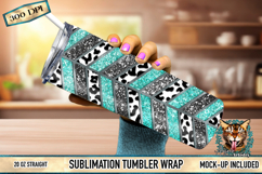 Close up of black and teal glitter tumbler wrap with silver foil chevron stripes high resolution sublimation design