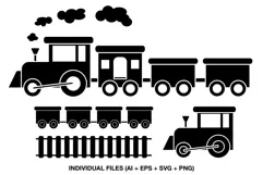 Black train silhouette clipart featuring steam locomotive, carriages, railway track and smoke