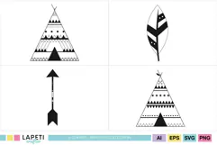 Boho tribal clipart featuring two teepees feather and arrow