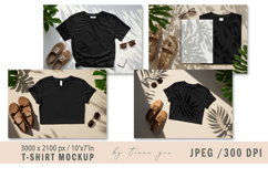 Black T-Shirt Mockup with Tropical Leaf - 4 Flat Lay JPEGs Product Image 1