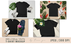 Black T-Shirt Mockup with Monstera Leaf - 4 Flat Lay JPEGs Product Image 1