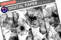 Black &amp; White Alcohol Ink Floral Digital Paper Product Image 1