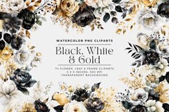 Black White and Gold Flowers Watercolor Clipart Product Image 1