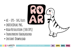Dinosaur party clipart with hello, roar and the best text elements