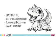 Cute monochrome dinosaur graphics with expressive faces, spotted patterns and detailed pencil-style shading for creative cardmaking.