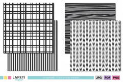 Black and white patterned papers with modern graphic lines, abstract shapes and geometric designs.