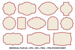 Set of 12 blank frame and label shapes with red outlines, perfect for stickers, tags, and printable labels, includes SVG, PNG, AI, and EPS formats.