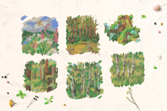 Crayon Nature Landscape Clipart Set Forest River Mountains Product Image 2