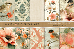Peach Botanical Birds and Vintage Florals Digital Paper Pack Product Image 1