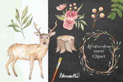 Watercolour Forest Deer Owl Foliage Mushrooms Clipart Product Image 3