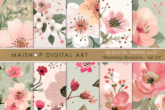 Mint Pink Floral Digital Paper with Gold Accents Product Image 1