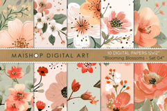 Floral Digital Paper in Mint Red Pink and Gold Hues Product Image 1