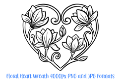 Blossom Heart Flower Graphic Outline Floral Wreath Clipart PNG