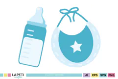 Blue baby bottle illustration with measurement marks and soft pastel details