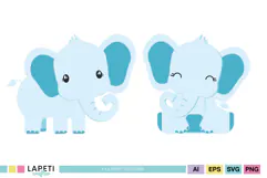 Cute blue elephant standing with large turquoise ears and curled trunk
